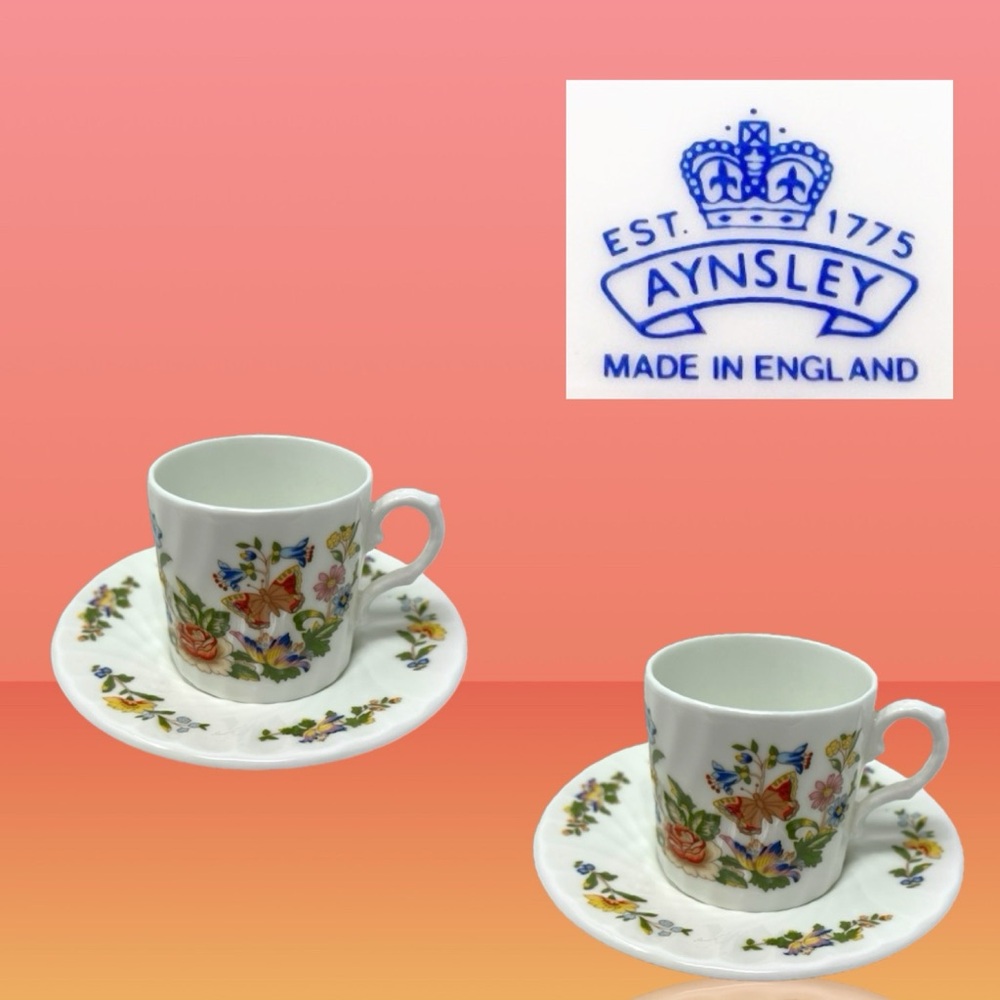 2 Vintage Aynsley Cottage Garden Bone China Expresso Coffee Cup Saucer England